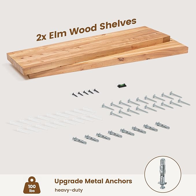 Rustic Elm Wood Floating Shelves for Wall, Flat Edge 36"W x 9.2"D x 1.4"H, Set of 2 with Invisible Bracket, Wall Mounted Storage Shelves for Living Room Bedroom Kitchen Bathroom Decor, Natural Finish