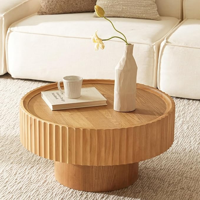 Round Coffee Table, Modern Living Room Tables with Mushroom Shape and Grooved Design, Large Coffee Tables, Circle Pinewood Center Table for Living Room (Nature Wood, 31.8''L×13.7''H)