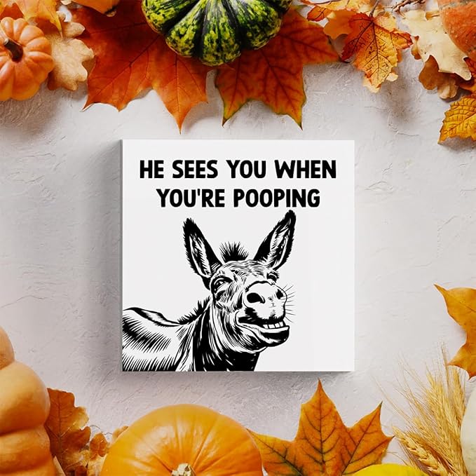 HTBIG Funny Donkey Bathroom Wooden Box Decor He Sees You when You Re Pooping Wooden Box Logo Put It on a Bathroom Corner Shelf to Create a More Cheerful Ambiance 5 x 5 Inch