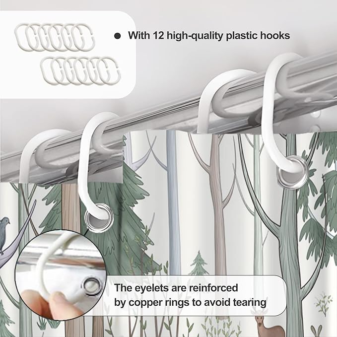 AWERT Cute Shower Curtain with Hooks Green Forest Shower Curtain with Wild Animals Bear Moose Deer Fox Deor Bathroom 72x84 inch