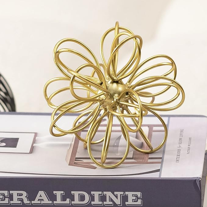 5.5" Metal Geometric Table Top Decor, Gold Abstract Floral Sculpture, Modern Metal Geometric Decorative Sphere, Table Art Decorations Orb for Living Room Bedroom Office Home Decor