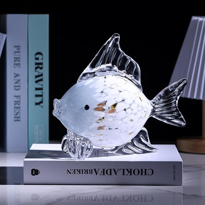 9.4 in Blown Colored Glass Fish Statue, Blue Glass Fish Paperweight Sculpture for Modern Home Decor, Living Room Coffee Table, Office Desk, Dining Table Centerpiece (C)