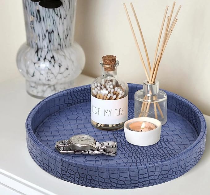 HofferRuffer Faux Leather Round Serving Tray, Vegan Croco Leather Decorative Tray, Food Tray for Storage Drinks, Snack & Cosmetics, Dia.12'' x 1.6'' (Blue)