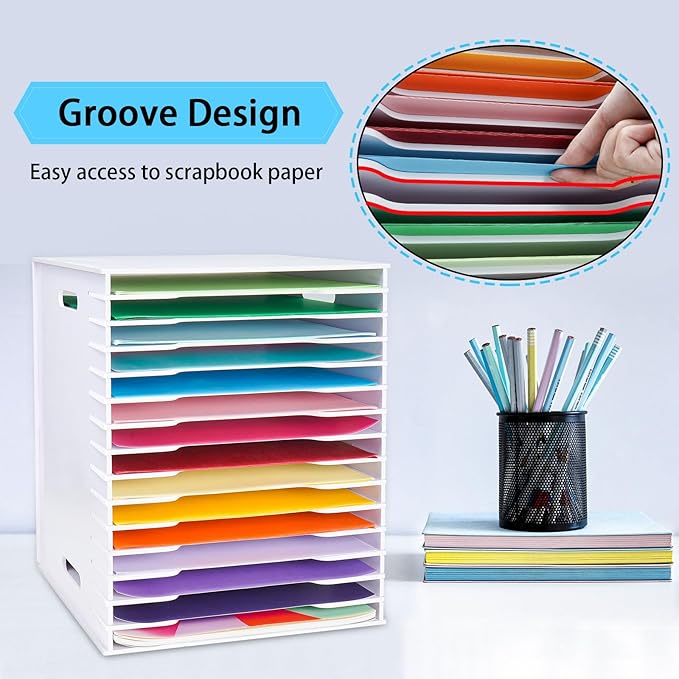 SANFURNEY Scrapbook Paper Organizer for Sizes 12" x 12", 15 Slots File Sorter Storage, Document Holder, Desktop Scrapbook Paper Organizer Rack for Home Office School (White, 15 Slots - Large Size)