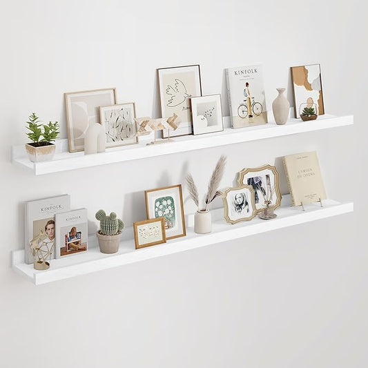 Floating Picture Ledge Shelves 48 Inch Solid Oak Wood Set of 2, Rustic Wall Storage Shelves with Lip, Kids Bookshelf, Photo & Picture Ledge Shelves for Bedroom, Living Room, Kitchen