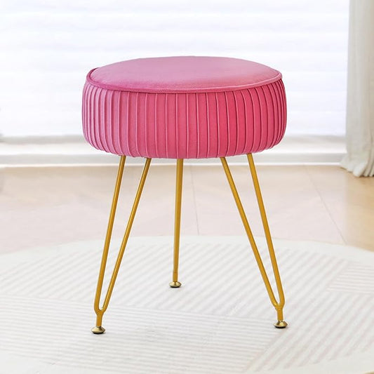 Velvet Vanity Stool Chair, Round Makeup Vanity Chair with Adjustable Metal Legs & Soft Padded Seat, Ottoman Foot Stool for Bedroom, Living Room, Entryway, Rose Red