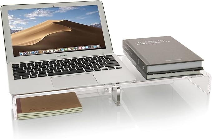 20" Crystal Clear Acrylic Monitor Stand Riser - Fits iMac/Printer/TV, Ergonomic 3" Elevation w/Hidden Keyboard Storage, Sleek Desk Organizer for Home Office