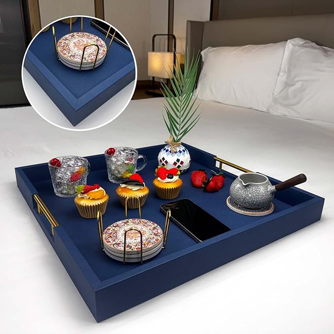 20x20 Inches Extra Large Blue Faux Leather Wrapped Wood Ottoman Tray with Handles for All Occasions, Serving Food Breakfast On Bed, Home Decor Decorative, Living Room,Square Coffee Table Organizer