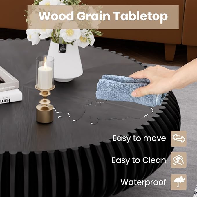 Fluted Drum Coffee Table Round Coffee Table for Living Room Mid Century Modern Coffee Tables with Sturdy Pedestal Circle Center Tea Table Accent Tea Table for Small Space Apartment (39.4inch Black)