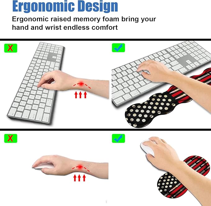 4 in 1 Ergonomic Memory Foam Mouse Pad Wrist Rest Set, Large XXL Gaming Desk Pad + Keyboard Wrist Rest + Mouse Wrist Cushion + Coaster for Home Office Study Gaming, American Flag & Bullets