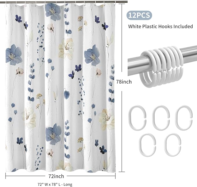 QiyI Long Shower Curtain 72 x 78, Watercolor Floral Bath Curtain, 3D Embossed Butterflies Grey Flower Cloth Bathroom Decor, Waterproof Fabric Rustic Farmhouse Textured Shower Set with Hooks