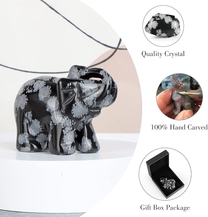 SMQ Snowflake Stone Crystal Elephant Statue,Hand Carved Quartz Healing Gemstone Elephant Figurine Crafts Gifts Collectible Decor for Home Office Desk(2Inches)