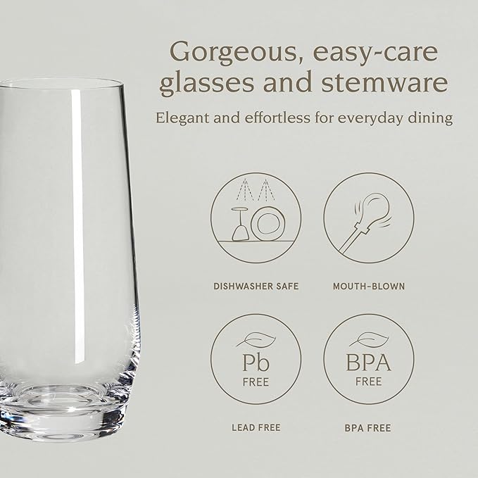 over&back 12oz Traditional Glassware - Set of 4 Classic Stemless Drinking Glasses for Parties, Get-togethers, and More - Mouth-Blown - Wine Cups for Kitchen and Dining Room - Clear, Water (12oz)