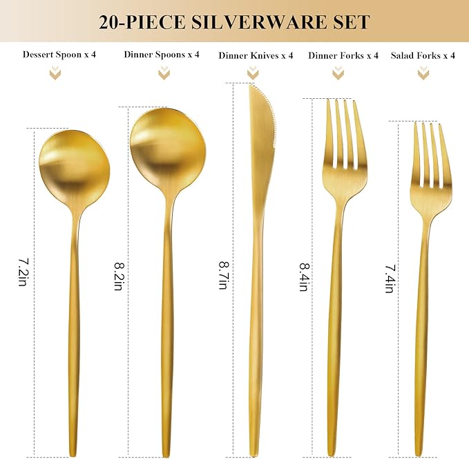 Gold Silverware Set for 4, MIKIWAY 20 Pieces Stainless Steel Flatware Set, Matte Golden Cutlery Tableware Set, Kitchen Utensils Set Include Spoons And Forks Set, Satin Polished, Dishwasher Safe