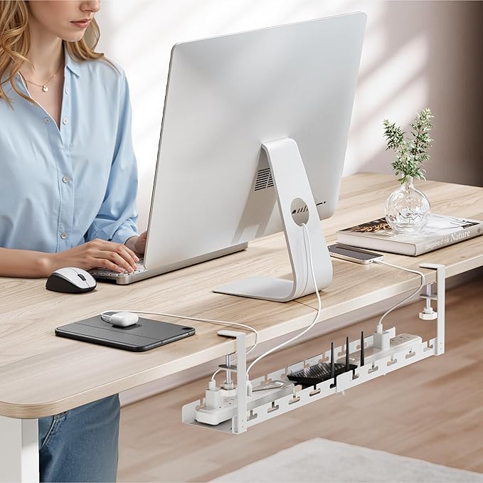 ARES WING 17"-28.7" Extendable Under Desk Cable Management Tray with Cable Slots, Clamp On Cord Organizer Holds Up to 11 lbs, White Metal Under Desk Storage for Office and Gaming Accessories