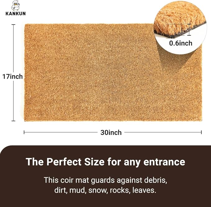 KANKUN Coco Coir Door Mat with Heavy Duty Backing, Welcome Doormat (17" x 30"), Doormat Entrance (Plain - 2Pack)