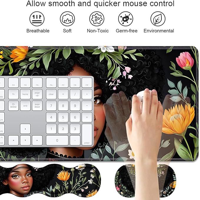 4 in 1 Ergonomic Keyboard Wrist Rest & Mouse Pad Wrist Rest Set, Large XXL Gaming Desk Mat 31.5"x 11.8" with Non-Slip Base, Memory Foam for Home Office Study Gaming, American Black Girl