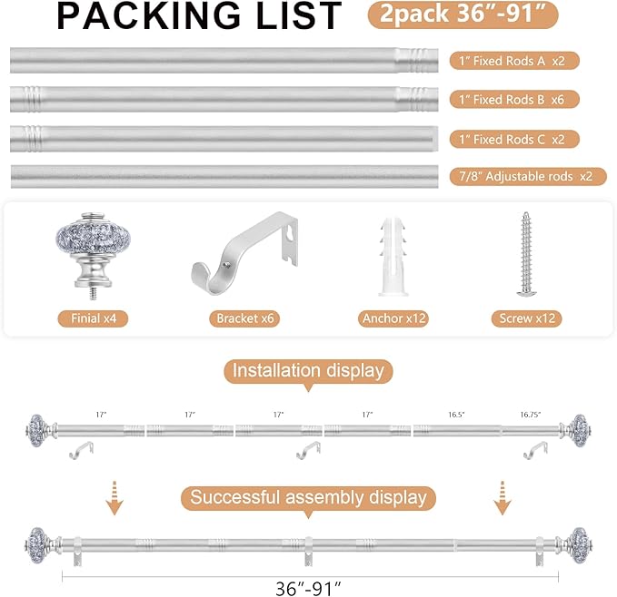 2 Pack Silver Curtain Rods for Windows 48 to 84 Inch, Decorative Vintage Crystal 1'' Diameter Curtain Rod with Silver Foil Finials, Adjustable Heavy Duty Easy Install Drapery Pole for Farmhouse