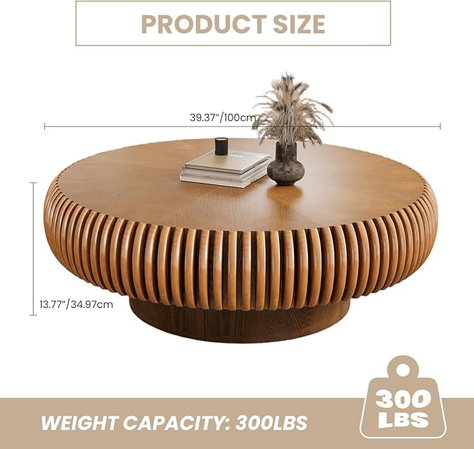 Fluted Drum Coffee Table Round Coffee Table for Living Room Mid Century Modern Coffee Tables with Sturdy Pedestal Circle Center Tea Table Accent Tea Table for Small Space Apartment (39.4inch Brown)