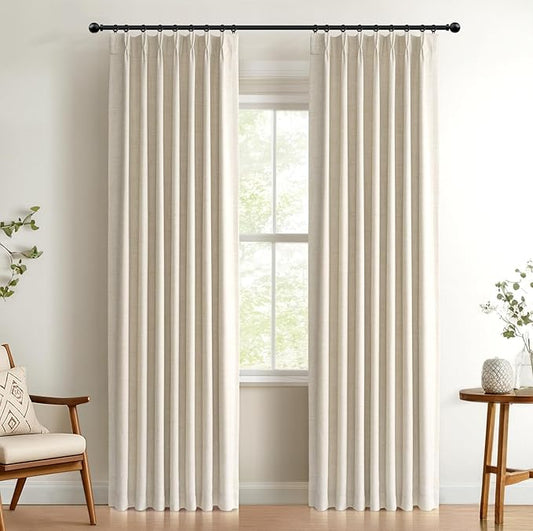 100% Blackout Shield Linen Look Textured Pinch Pleated Curtains Blackout Drapes 108 Inch Long 2 Panels Set, Faux Linen Blackout Curtains for Bedroom & Living Room, 40" W x 108" L, Cream