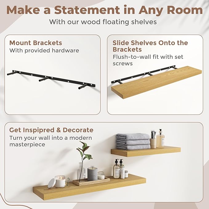 Floating Shelves for Wall with Invisible Brackets, Wall Mounted Engineered Wood Shelves with Wood Grain for Living Room, Bedroom, Bathroom, Kitchen Decor and Storage, Oak, 71"L Set of 2, Oak