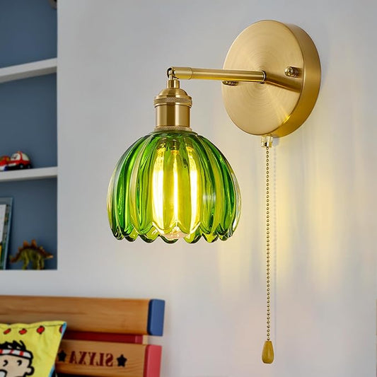 Vintage Wall Sconces with Pullswitch, 180 Degree Adjustable, Hradwired Modern Wall Lighting Fixture with Green Tulip Glass Lampshade for Bedroom Bedside Bathroom