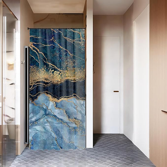 Marble Shower Curtain, Blue Marble Shower Curtain Set, Abstract Luxury Blue Golden Glitter Veins Texture Marble Shower Curtains for Bathroom, Waterproof Fabric, 36 x 72 inches