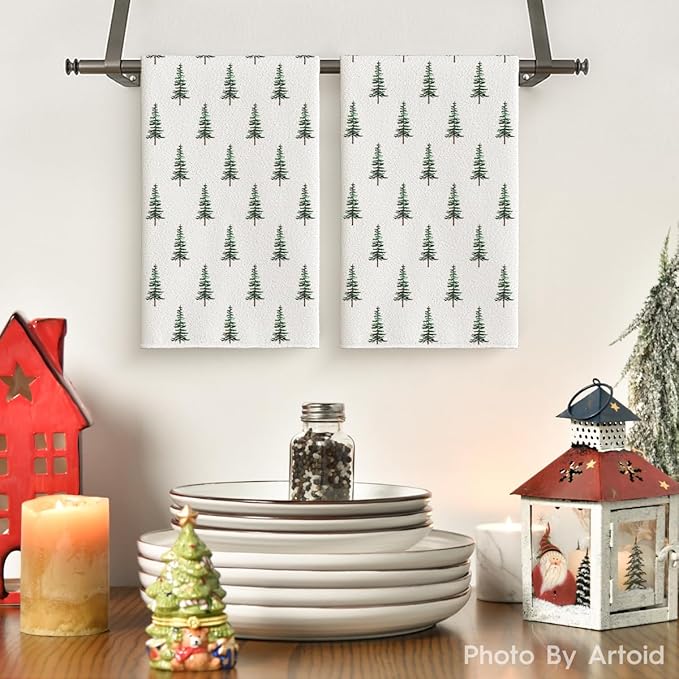 Artoid Mode Green Xmas Tree Christmas Kitchen Towels Dish Towels, 18x26 Inch Farmhouse Holiday Winter Decoration Cleaning Set of 2