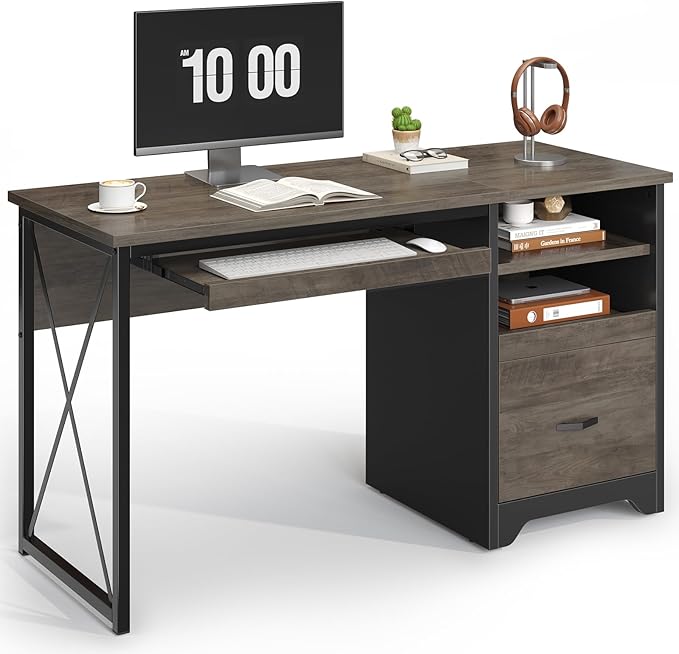 Bestier 47" Office Desk with Drawers, Industrial Computer Desk with Drawer, Reversible Teacher Desk with Storage & Keyboard Tray for Small Space Home Office & Studio, Gray Wash