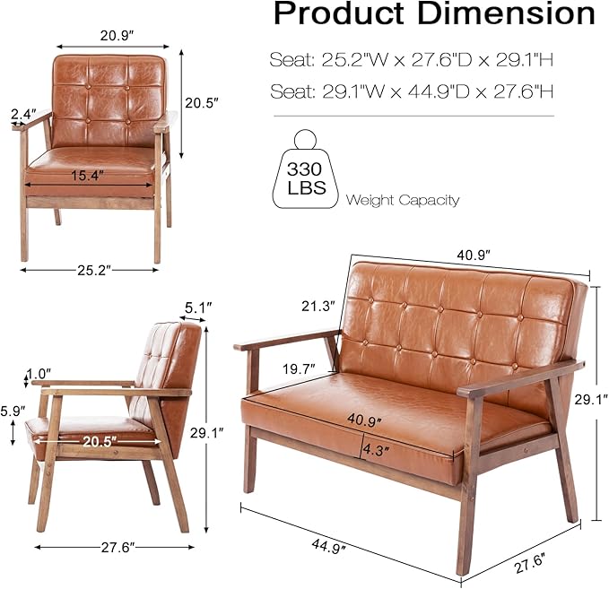 Okeysen Modern Loveseat Sofa Set,Upholstered Leather Couch Love Seats 2-Seat & Accent Chair,Living Room Furniture Sets,Small Couches for Small Spaces Living Room,Apartment,Office(Brown)