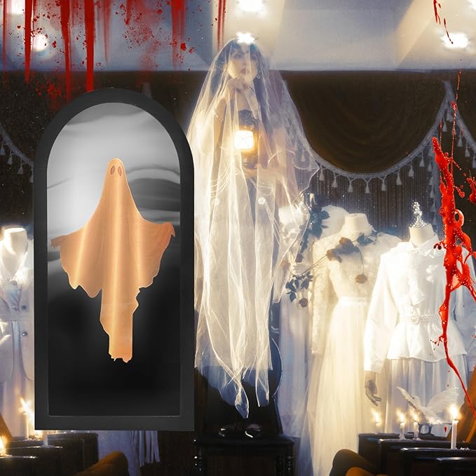 2025 Halloween Hologram Ghost Mirror - Spooky LED Indoor Decor, Scary Party Supplies, Haunted Home Accessories, Easy Install, (Plug-in, 19.68" x 9.45")