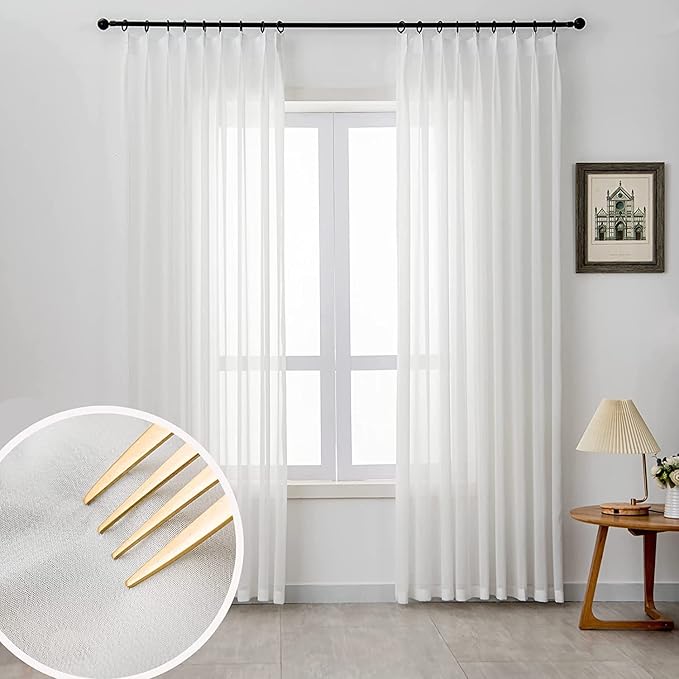 Off White Sheer Curtains 96 inch Length for Living Room Pinch Pleated Sheer White Curtains for Farmhouse Curtain for Bedroom Track Hooks Chiffon Curtain, 1 Panel, 40" W x 96" L