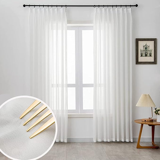 Off White Sheer Curtains 96 inch Length for Living Room Pinch Pleated Sheer White Curtains for Farmhouse Curtain for Bedroom Track Hooks Chiffon Curtain, 1 Panel, 40" W x 96" L