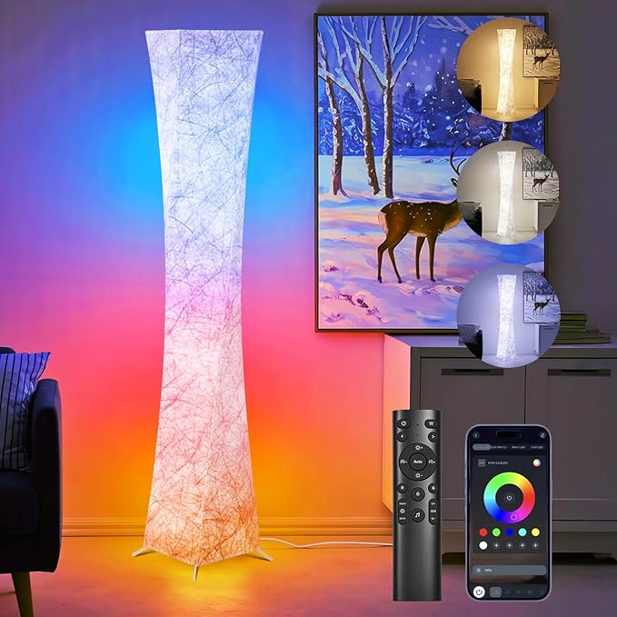 WORLD WIN Floor Lamp, 61'' Smart RGB LED Corner Lamp with Music Sync and 16 Million DIY Colors, 3 Color Temperature, APP & Remote Control, Color Changing Standing Floor Lamp for Bedroom Living Room