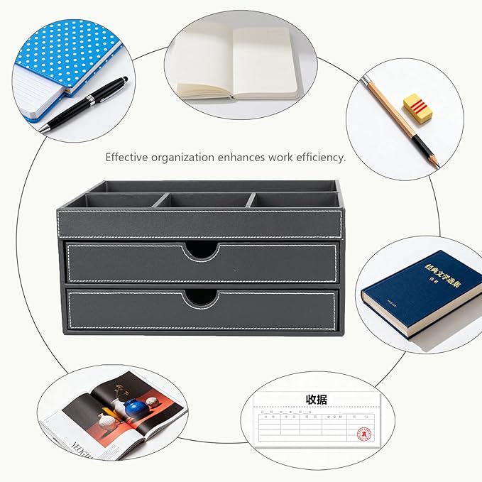 Household Multifunctional Desktop Storage Cabinet, Office file Cabinet Made of Leather, Drawers and Four Separate Organizers, Storage Box on the Bedside Table in the Room (black)