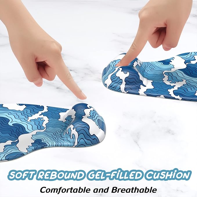 Hsurbtra Ergonomic Mouse Pad with Wrist Rest Support, Gel Mouse Pads with Non-Slip PU Base, Pain Relief Memory Foam Computer Mat, Cute Office Supplies Desk Decro Accessories, Blue Ocean