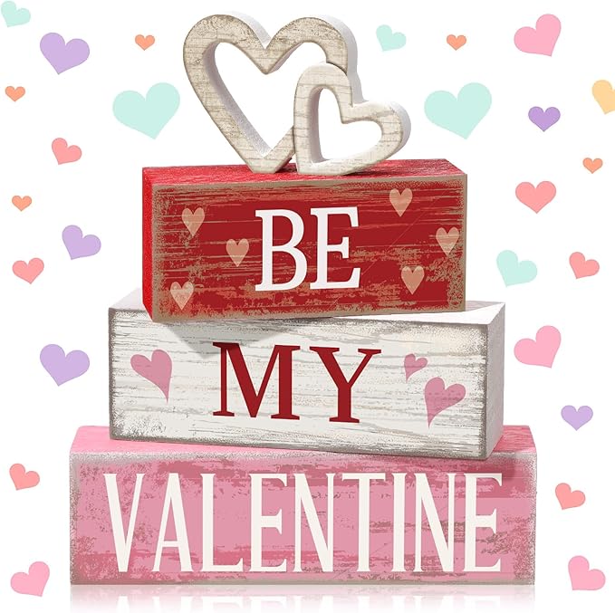 4 Pcs Valentine Decorations Valentine Wooden Sign Love Table Centerpiece Tiered Tray Decor Decorative Faux Book Stack Block for Coffee Table Fireplace Mantel Floating Shelf