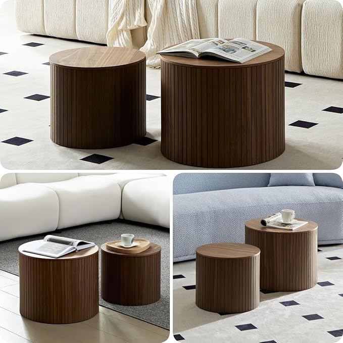 Round Storage Side Table Set of 2, Nesting Coffee Tables with Hidden Storage, Modern Wood Accent End Table for Living Room, Bedroom, Small Space, Minimalist Bedside Table, No Assembly(Walnut)