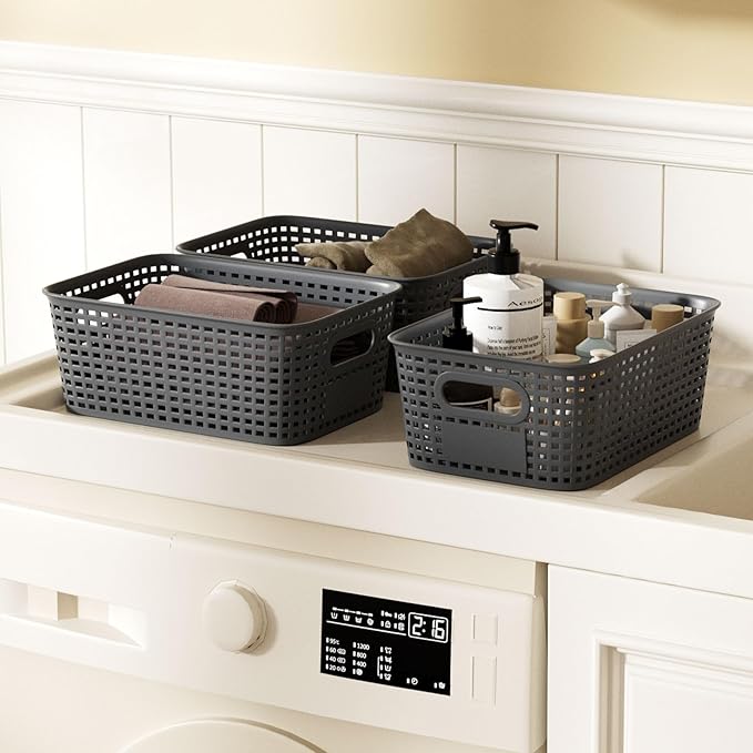 Small Storage Bins with Bamboo Lid, Plastic Storage Box with Lid, 5QT Stackable Organizing Basket with Lable, Storage Container for Classroom, Office, Closet, Shelf Organization, 10x7x4 In-Grey-6 Pcs