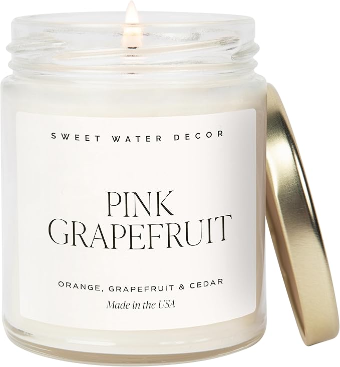 Sweet Water Decor Pink Grapefruit Scented Candles - Soy Candles with Grapefruit, Musk & Cedar for Home Decor - Candle Wax with 40 Hours Burn Time - 9oz Gold Lid Clear Jar Candles for Home Scented