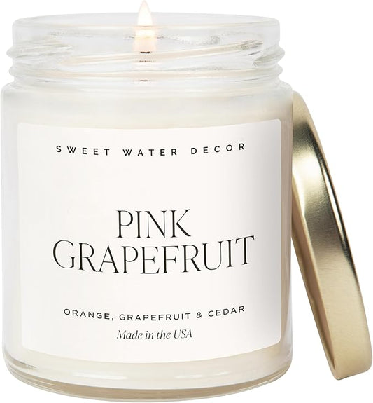Sweet Water Decor Pink Grapefruit Scented Candles - Soy Candles with Grapefruit, Musk & Cedar for Home Decor - Candle Wax with 40 Hours Burn Time - 9oz Gold Lid Clear Jar Candles for Home Scented
