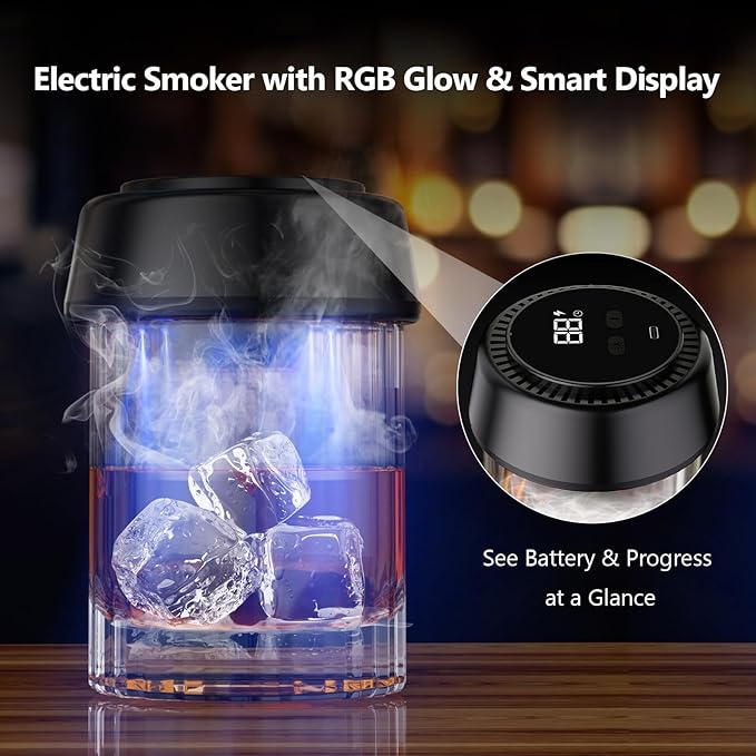 Electric Whiskey Smoker Kit with RGB Light, Built-in Lighter, Rechargeable Cocktail Smoker Kit with 6 Wood Chips, Old Fashioned Drink Smoker for Bourbon, Whiskey Gifts for Men (Black)