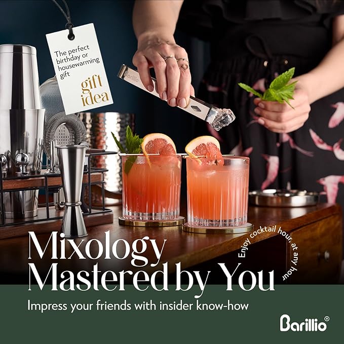 Barillio Bartender Kit – 23-Piece Stainless-Steel Cocktail Shaker Set with Premium African Mahogany Stand | Martini Barware Mixing Tools for Home Bartending | Gift Set