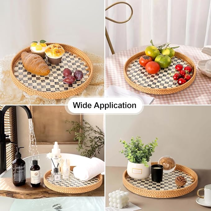 Round Rattan Tray with Mother of Pearl Inlay, Rattan Serving Tray for Coffee, Bread, Fruits, Decorative Wicker Tray for Table Decor, Home Decor, Kitchen Island Decor(Black Checkerboard, 11.8")