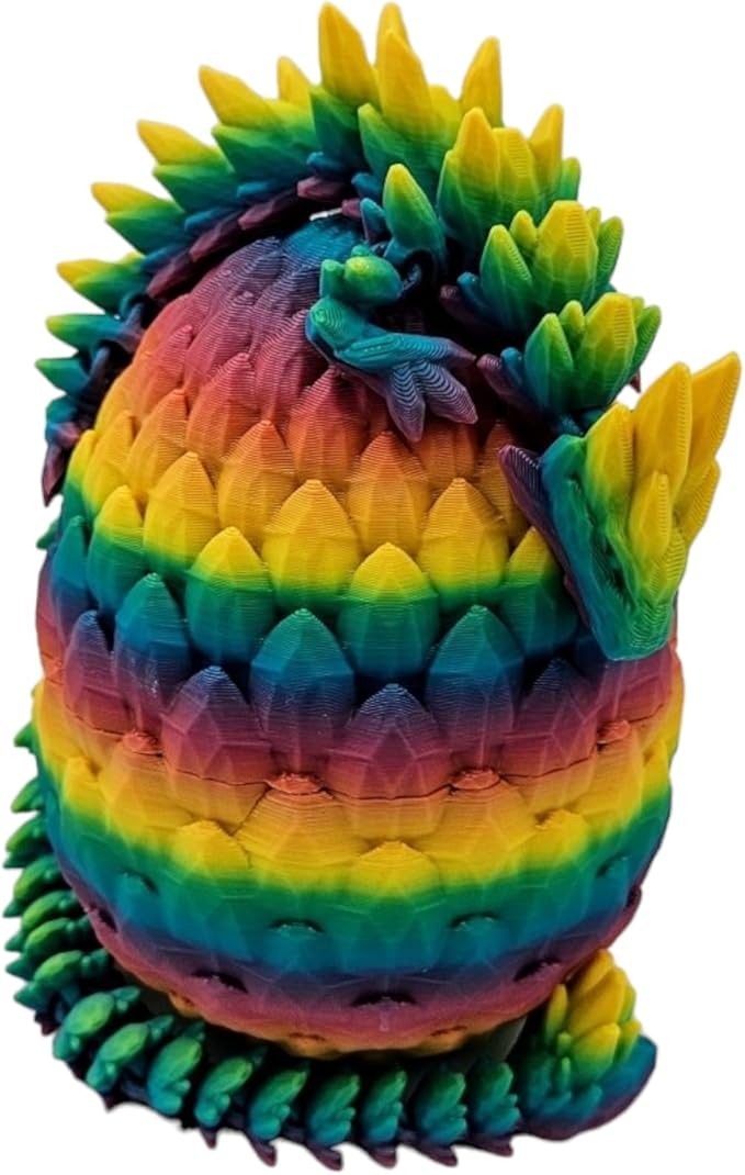 3D Printed Dragon Egg Articulating Gemstone Dragon Fidget Figurine - Vibrant Color Dragons Flexible ADHD, Autism and Anxiety Relief - Articulated Joints (Rainbow)