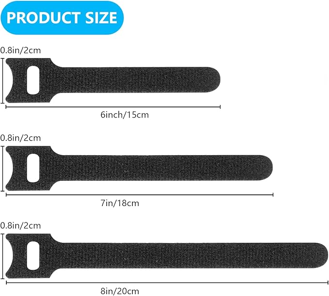 Pasow 60pcs Fastening Microfiber Cloth Cable Ties Wire Management(6/7/8 Inch, Black)