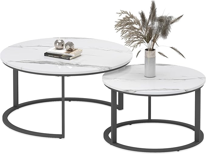 WiberWi Round Coffee Table Nesting Tables Set of 2, Large : Ø 33.5", Small : Ø 25.7", Modern Design Coffee Tables for Living Room, Metal Frame Circle Cocktail Table, High Glossy Faux White Marble