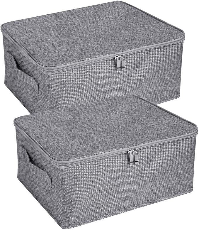 ANMINY 2PCS Storage Bins with Zipper Lids 13 Qt Lidded Fabric Storage Boxes Baskets Cubes with Handles Collapsible Washable Cotton Linen Closet Shelf Clothes Organizer Containers - Gray, Small