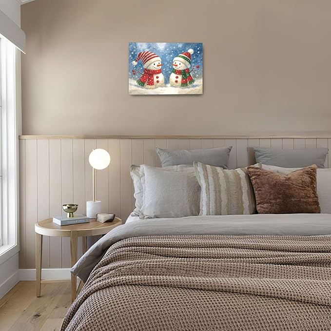 Christmas Snowman Wall Art Winter Holidays Canvas Wall Decor Pictures Paintings Prints Artwork Framed Decorations For Bathroom Bedroom Living Room Office Gifts 24" x 16"