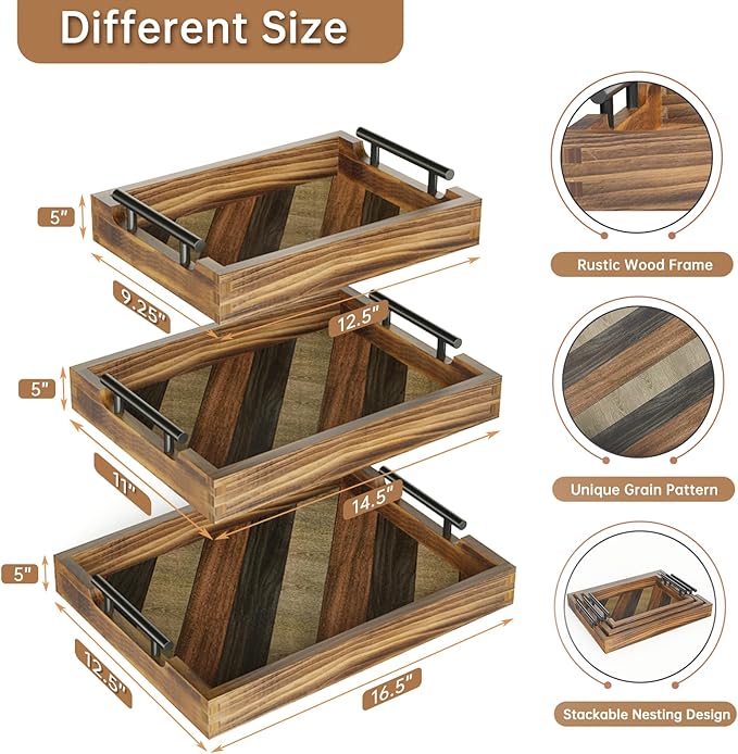 Butizone Wood Serving Tray with Handles, Rustic Ottoman Tray for Breakfast in Bed, Coffee Table, Entertaining, Home Decor, Decorative Nesting Trays, Ideal for Kitchen, Bedroom, Living Room, Set of 3